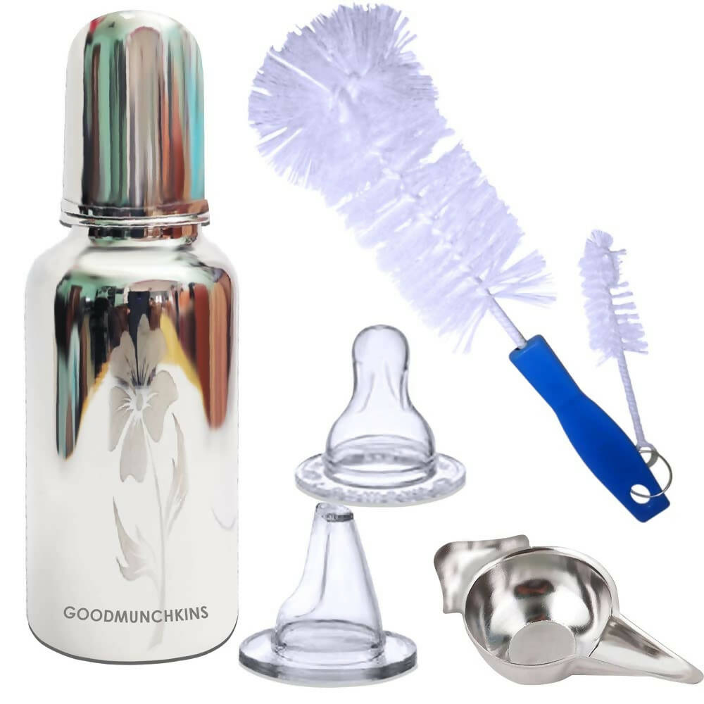 Goodmunchkins Stainless Steel Feeding Bottle with Bottle Cleaning Brush/Chakku/Anti Colic Silicone Nipple Combo-(220ml,Blue) - Indyancart