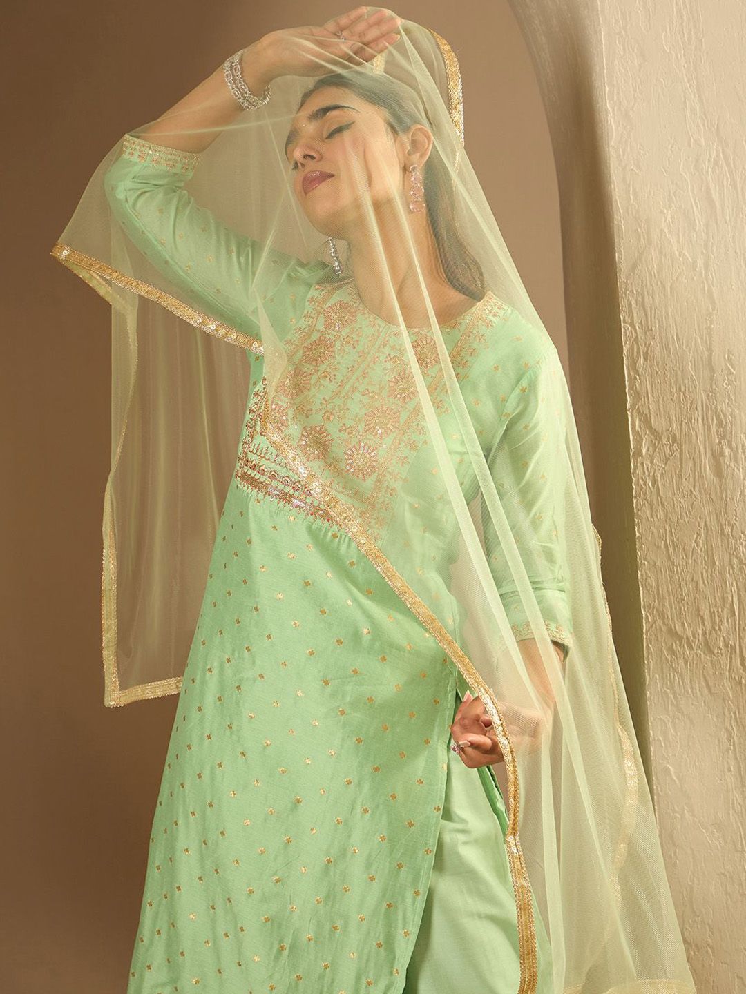 Indyancart IE Floral Embroidered Chanderi Silk Straight Kurta With Trousers & Dupatta