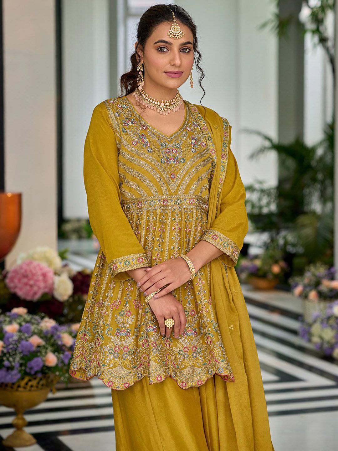 Indyancart IE Ethnic Motifs Embroidered V-Neck Sequinned Anarkali Kurti with Palazzos & Dupatta