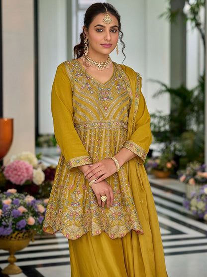 Indyancart IE Ethnic Motifs Embroidered V-Neck Sequinned Anarkali Kurti with Palazzos & Dupatta