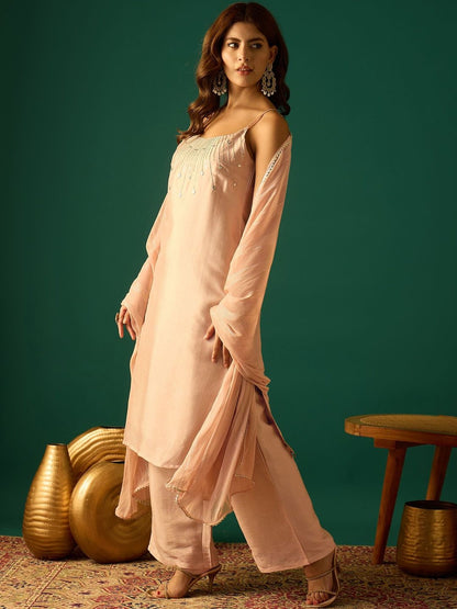 Indyancart VA Women Embroidered Regular Beads and Stones Kurta with Palazzos & Dupatta