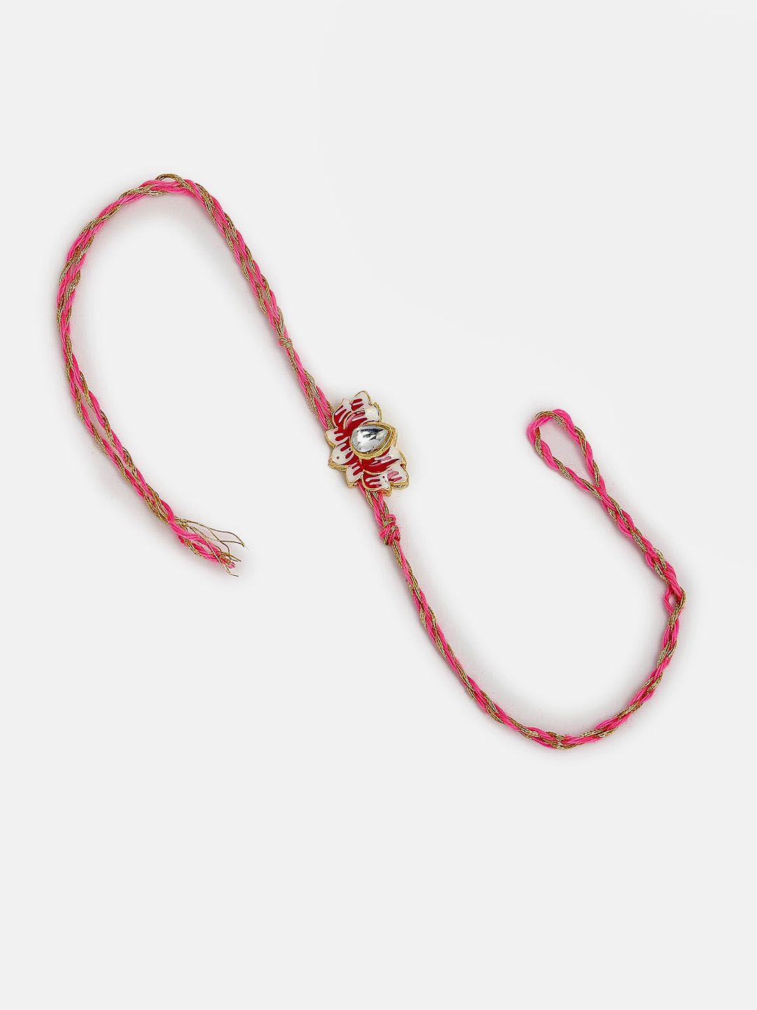 Anouk Unisex Set Of 2 Pink Lotus Shape Kundan-Studded & Beaded Wraparound Rakhi Set
