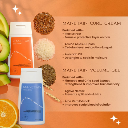 Manetain volume gel and curl cream combo for hair styling, showing the product bottles with labels and textured hair background.