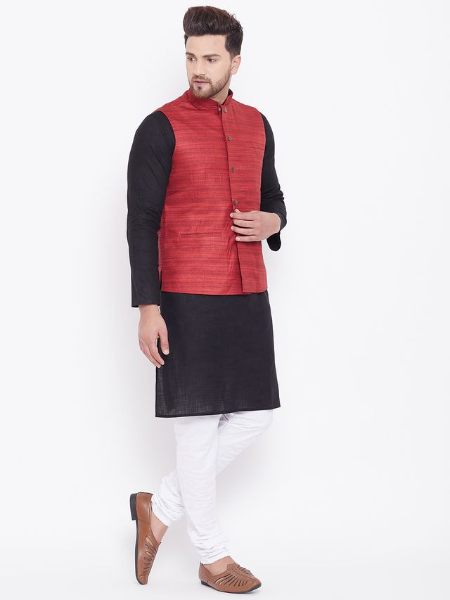 Men's Black Cotton Blend Straight Jacket  Kurta and Pyjama Set