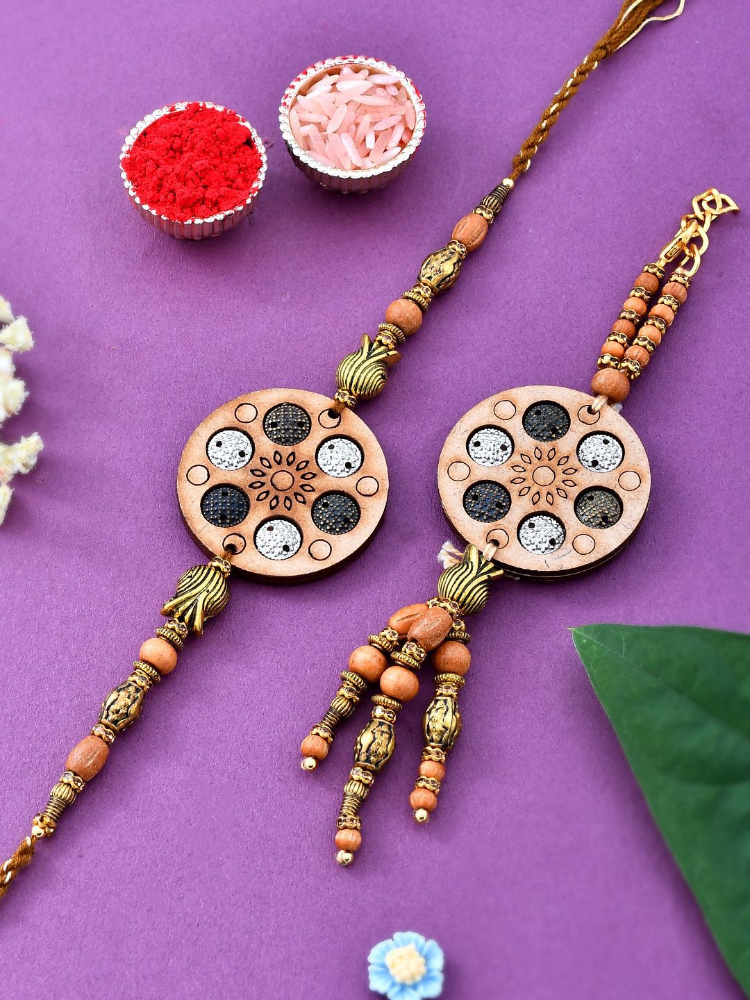 Anouk Set Of 2 Brown Beaded Rakhis With Roli Chawal & Greeting Card