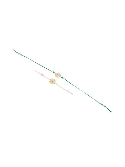Anouk Set Of 2 Kundan Floral Design Gold Toned Bhaiya Bhabhi Rakhi Set With Roli Chawal