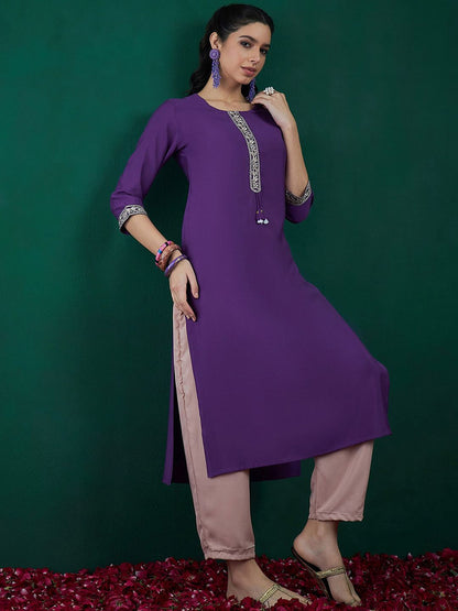 Indyancart IE Pack of 2 Round Neck Ethnic Embroidered Chanderi Silk Straight Kurta