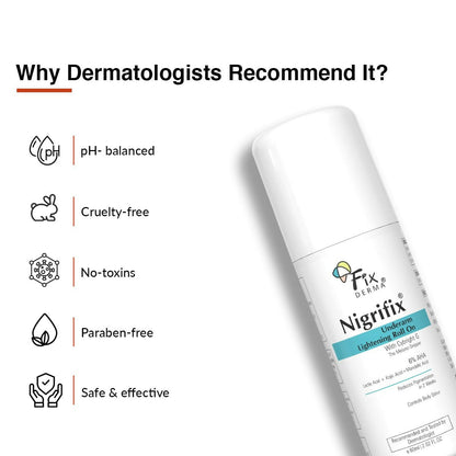 Fixderma Nigrifix Underarm Lightening Roll-On with 6% AHA, Lactic & Mandelic Acids for brightening and exfoliating skin.