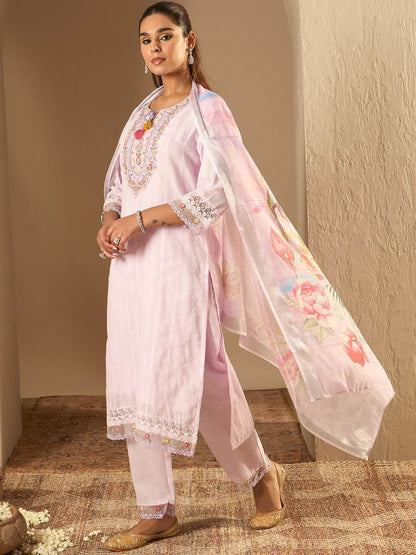 Indyancart IE Floral Yoke Design Straight Thread Work Pure Cotton Kurta with Trousers & Dupatta