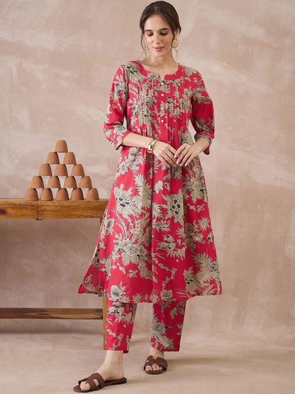 Women Floral Printed Regular Pure Cotton Kurta with Trousers