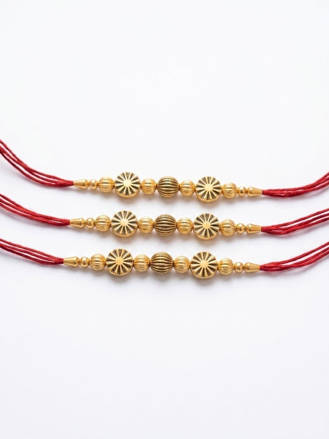 Anouk Set Of 3 Red & Gold Toned Artificial Stones & Beads Thread Rakhi With Roli Chawal