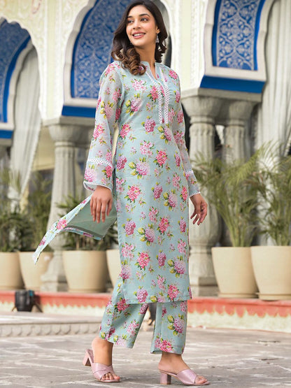 Indyancart VA Women'sFloral Printed Mandarin Collar Regular Kurta With Trousers
