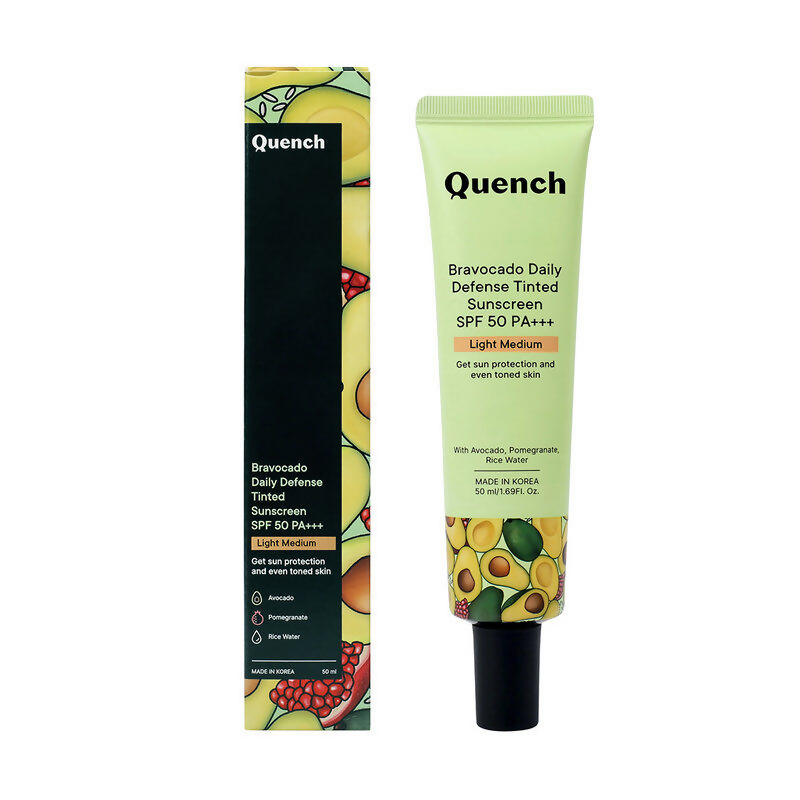 Quench Vitamin E Tinted SPF 50 Sunscreen with mineral and chemical actives in light medium shade, providing sun protection and a tinted finish.