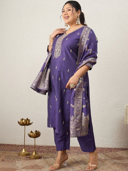 Indyancart Women's Ethnic Motifs Embroidered Regular Kurta with Trousers & With Dupatta