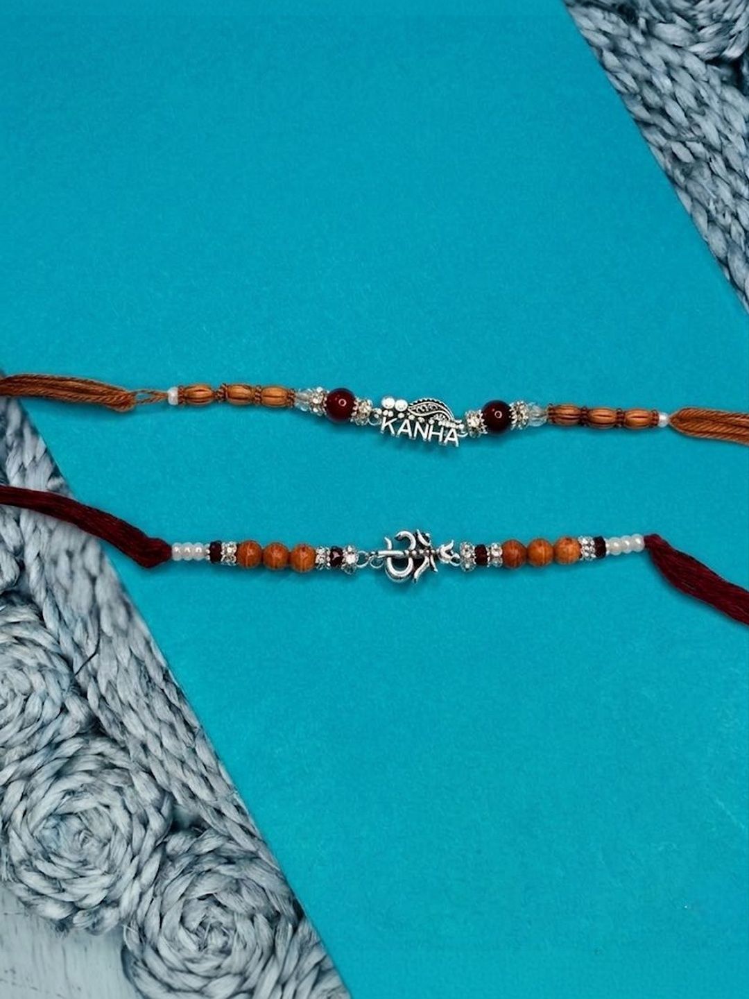 Anouk Set Of 2 Silver Toned Religious Rakhi Thread Rakhi Roli Chawal Chandan Mishri