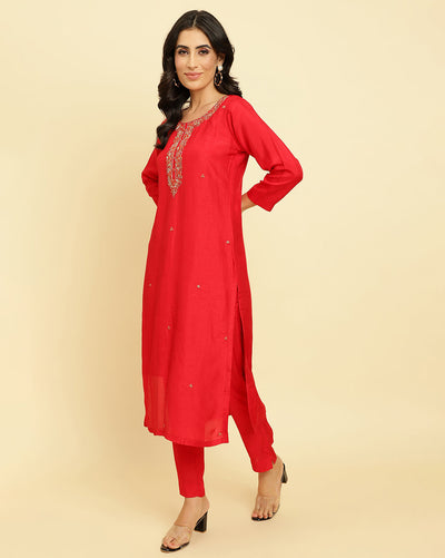 Indyancart VR Women's Burgundy Embroidered Kurta Paired With Dupatta And Sharara