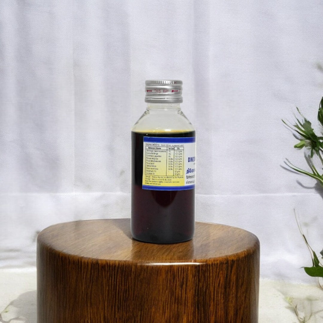 Impcops Dineshavalyadi Thailam Ayurvedic oil in a glass bottle with dropper, used for traditional herbal skincare and wellness.