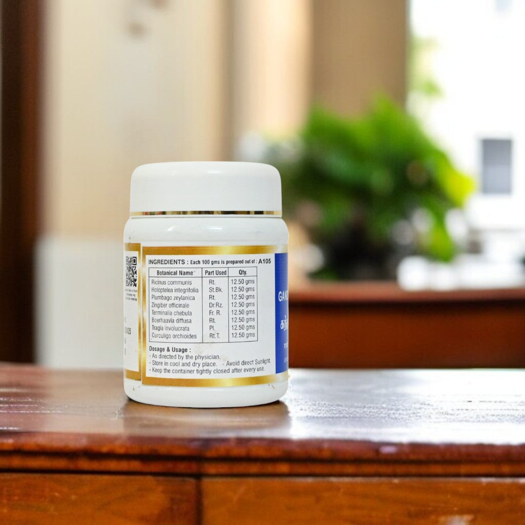 Impcops Gandharva Hastadi Kwatha Churnam Ayurvedic powder in a bowl, showing the herbal powdered form of the herbal churna.