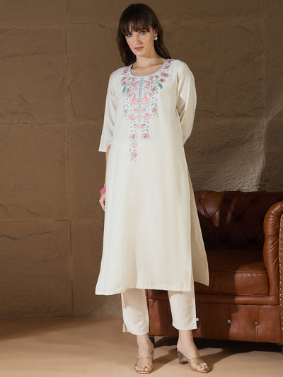 Indyancart VV Zarvika White khadi cotton Kurta with Trousers & Dupatta Suits