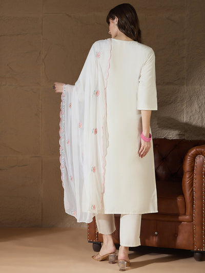 Indyancart VV Zarvika White khadi cotton Kurta with Trousers & Dupatta Suits