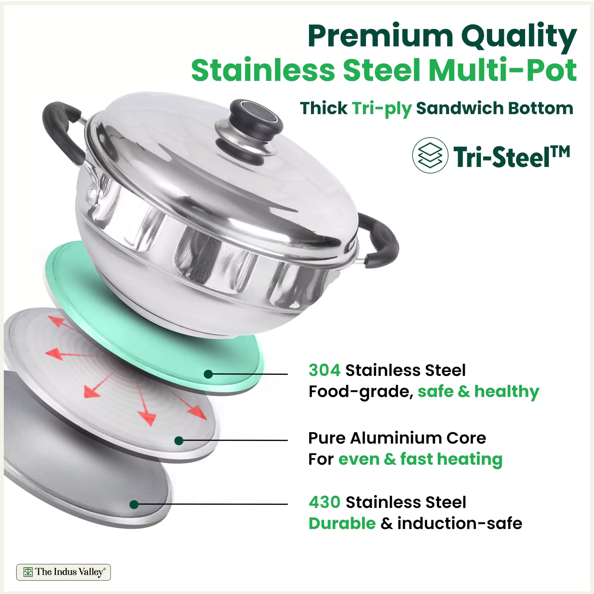 The Indus Valley 8 Pit Tri-Steel Multi Pot Handi with stainless steel idli, dhokla, momo plates, tri-ply induction bottom, 3L capacity