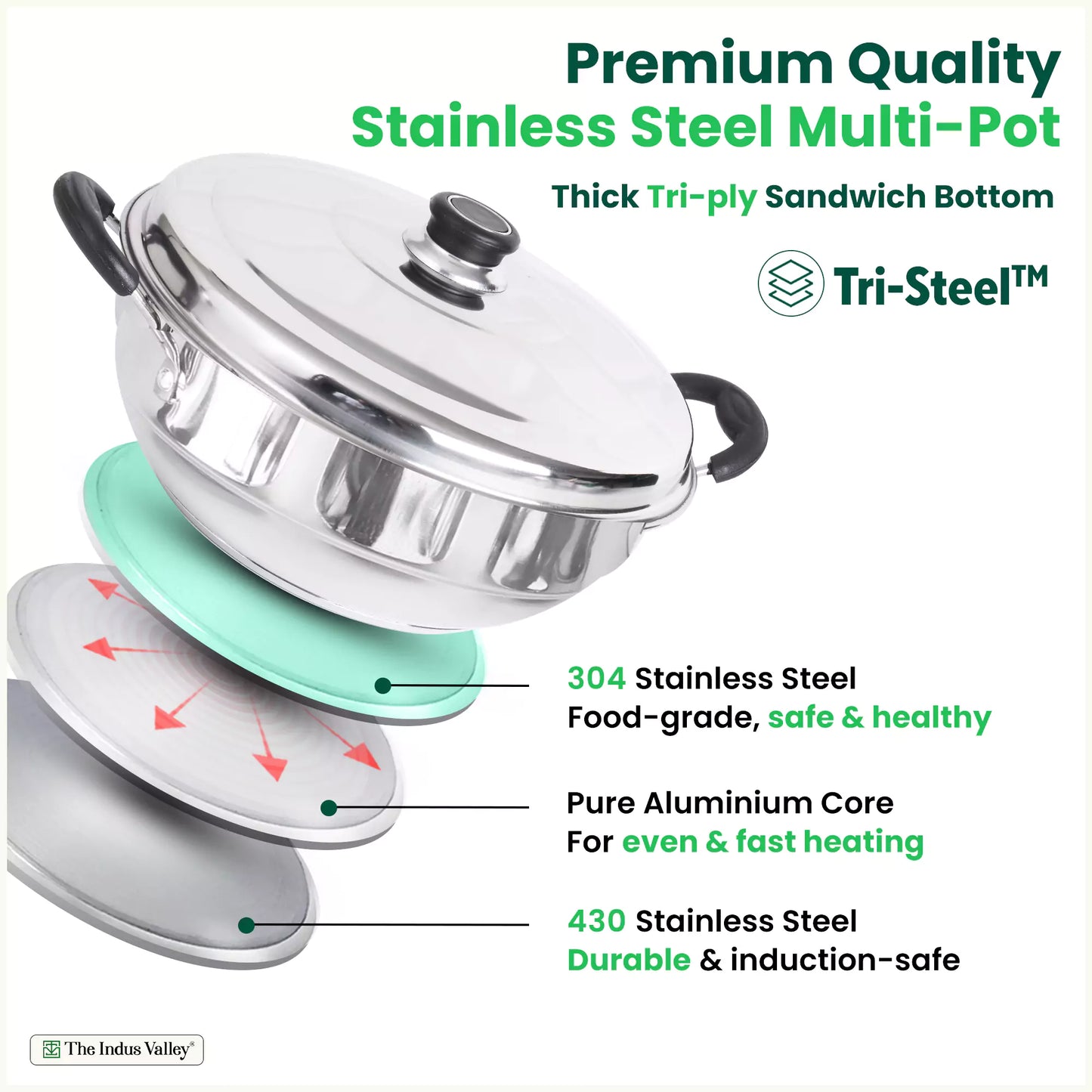 Premium stainless steel Indus Valley 14-pit tri-steel multi-pot for steaming idli, dhokla, and momos, with 5 plates and induction bottom