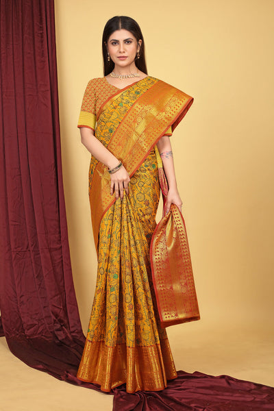 Indyancart GR Women's Mustard Kalamkari Silk Saree