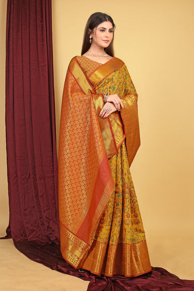 Indyancart GR Women's Mustard Kalamkari Silk Saree