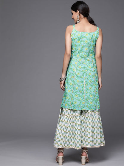 Indyancart VA Women's Sea Green & White Floral Printed Gotta Patti Pure Cotton Kurta with Sharara