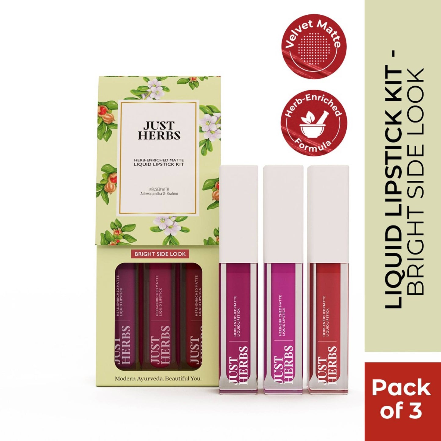 Just Herbs Herb Enriched Matte Liquid Lipstick Set Of 3 - Bright Look