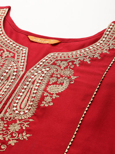 Dhiyona IE Ethnic Motifs Yoke Design Zari Panelled Liva Kurta With Trousers & Dupatta