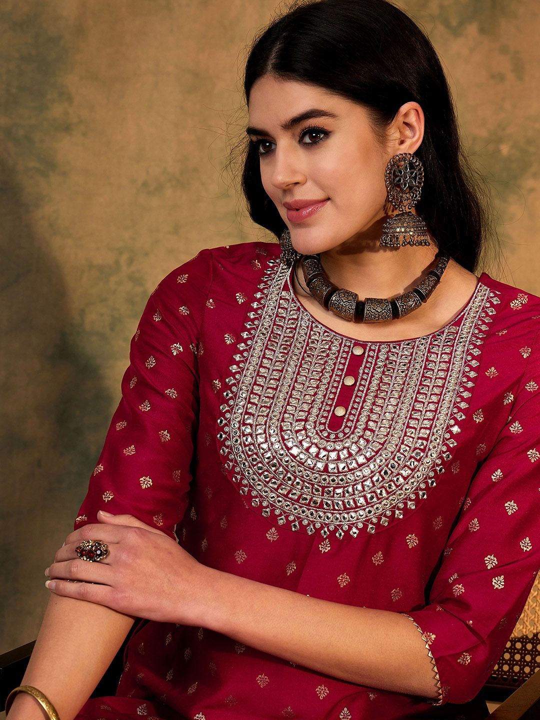 Dhiyona IE Ethnic Motifs Printed Thread Work Straight Kurta