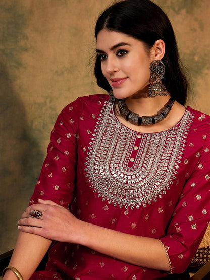 Dhiyona IE Ethnic Motifs Printed Thread Work Straight Kurta