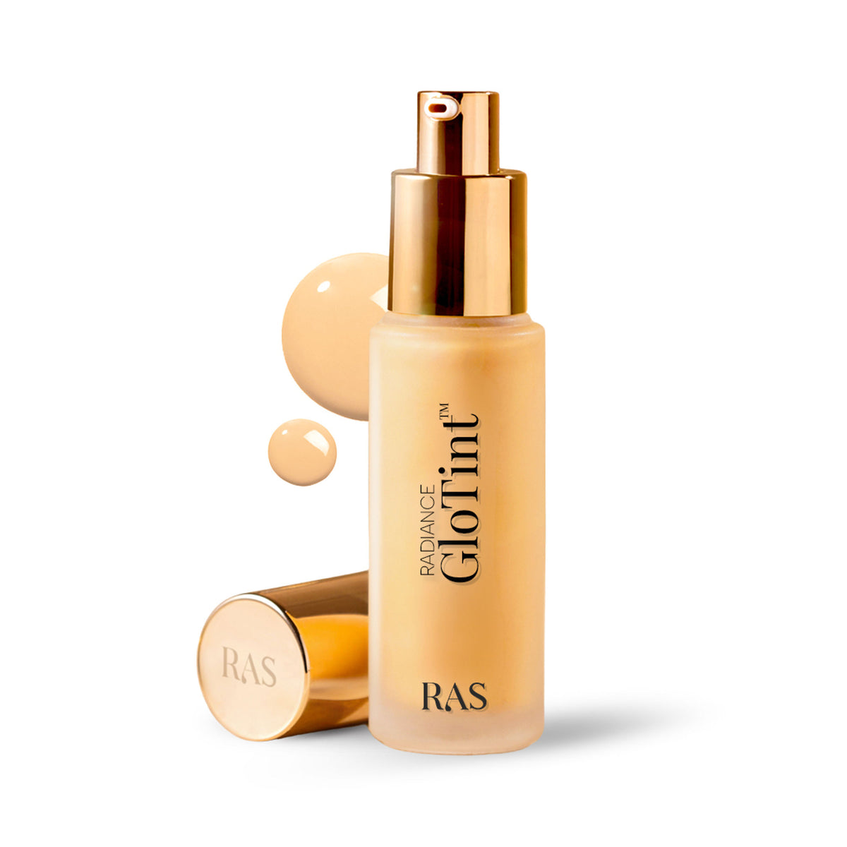 RAS Luxury Oils Radiance Glo Tint 7-in-1 serum with SPF 30 PA++++ in taupe, showing the tinted skin perfector and serum bottle.
