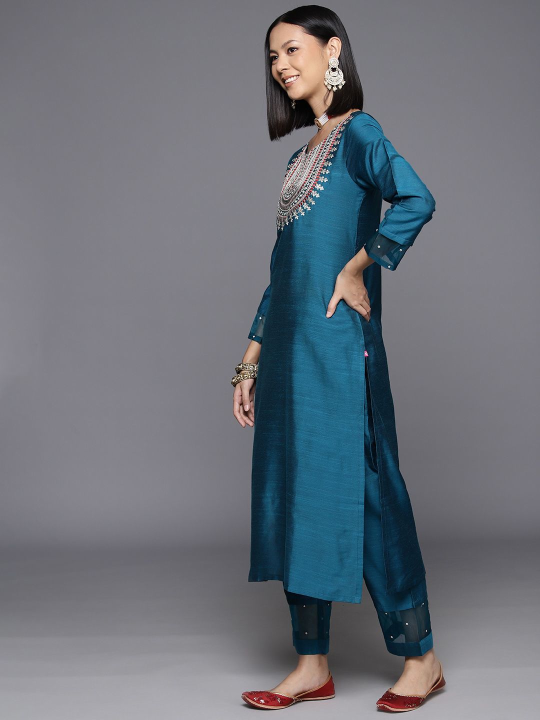 Indyancart VA Women's Embroidered Yoke Design Regular Sequinned Kurta With Trousers & Dupatta