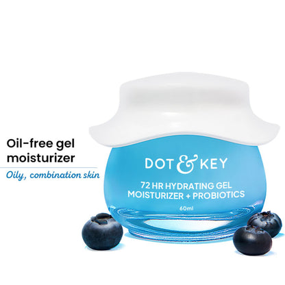 Dot & Key 72Hr Hydrating lightweight gel moisturizer with hyaluronic acid and probiotics, suitable for all skin types.