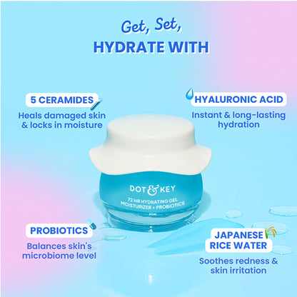 Dot & Key hydrating lightweight gel face moisturizer with hyaluronic acid and probiotics, showing the product tube and ingredients.
