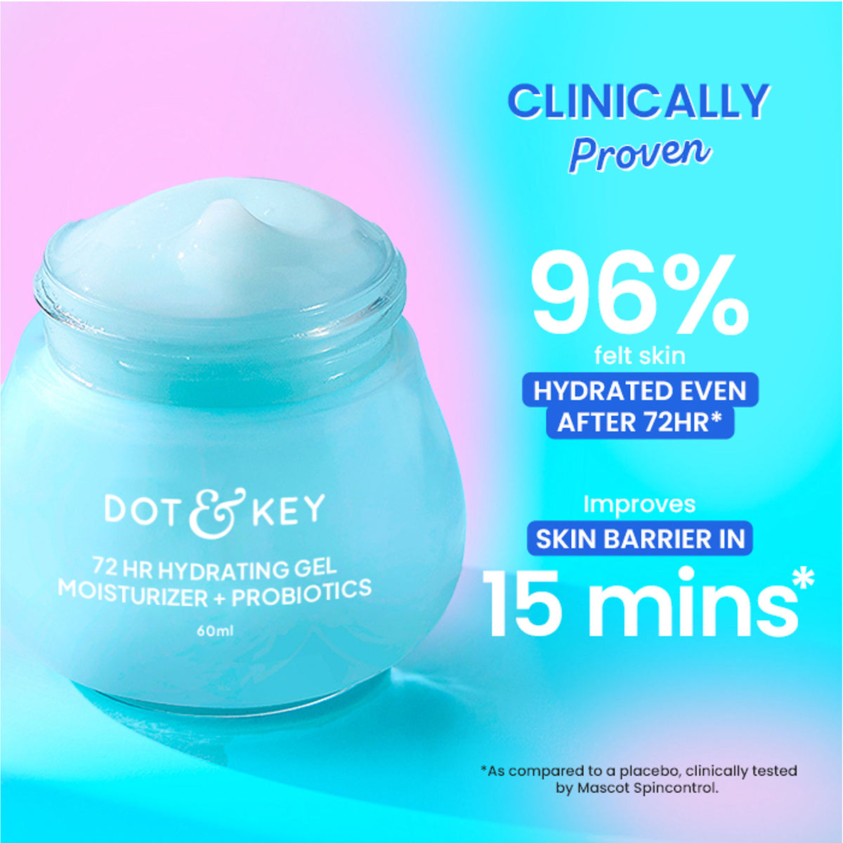 Dot & Key 72Hr Hydrating Gel Moisturizer with hyaluronic acid and probiotics, lightweight face moisturizer in a clear jar.