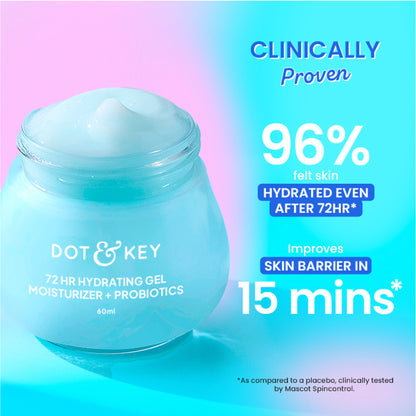 Dot & Key 72Hr Hydrating Gel Moisturizer with hyaluronic acid and probiotics, lightweight face moisturizer in a clear jar.