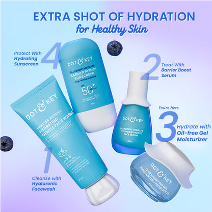 Dot & Key 72Hr Hydrating lightweight gel face moisturizer with hyaluronic acid and probiotics, shown in a clear jar against a white background.