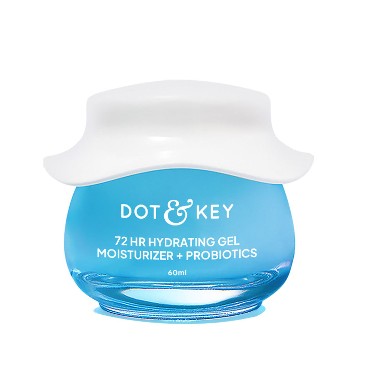 Dot & Key 72Hr hydrating lightweight gel face moisturizer with hyaluronic acid and probiotics, shown in a clear jar.