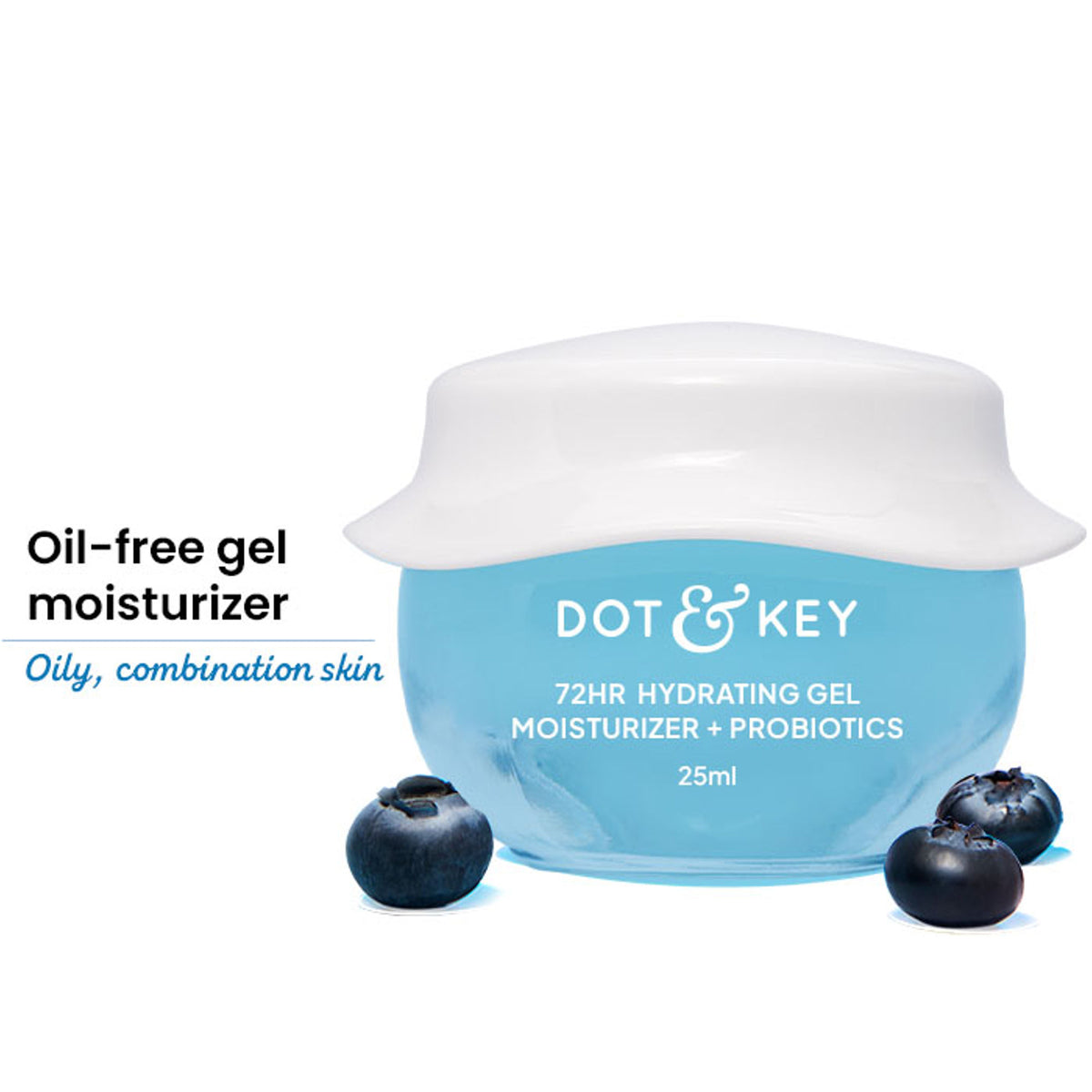 Dot & Key 72Hr Hydrating lightweight gel moisturizer with hyaluronic acid and probiotics, visible in a clear jar with a blue lid.