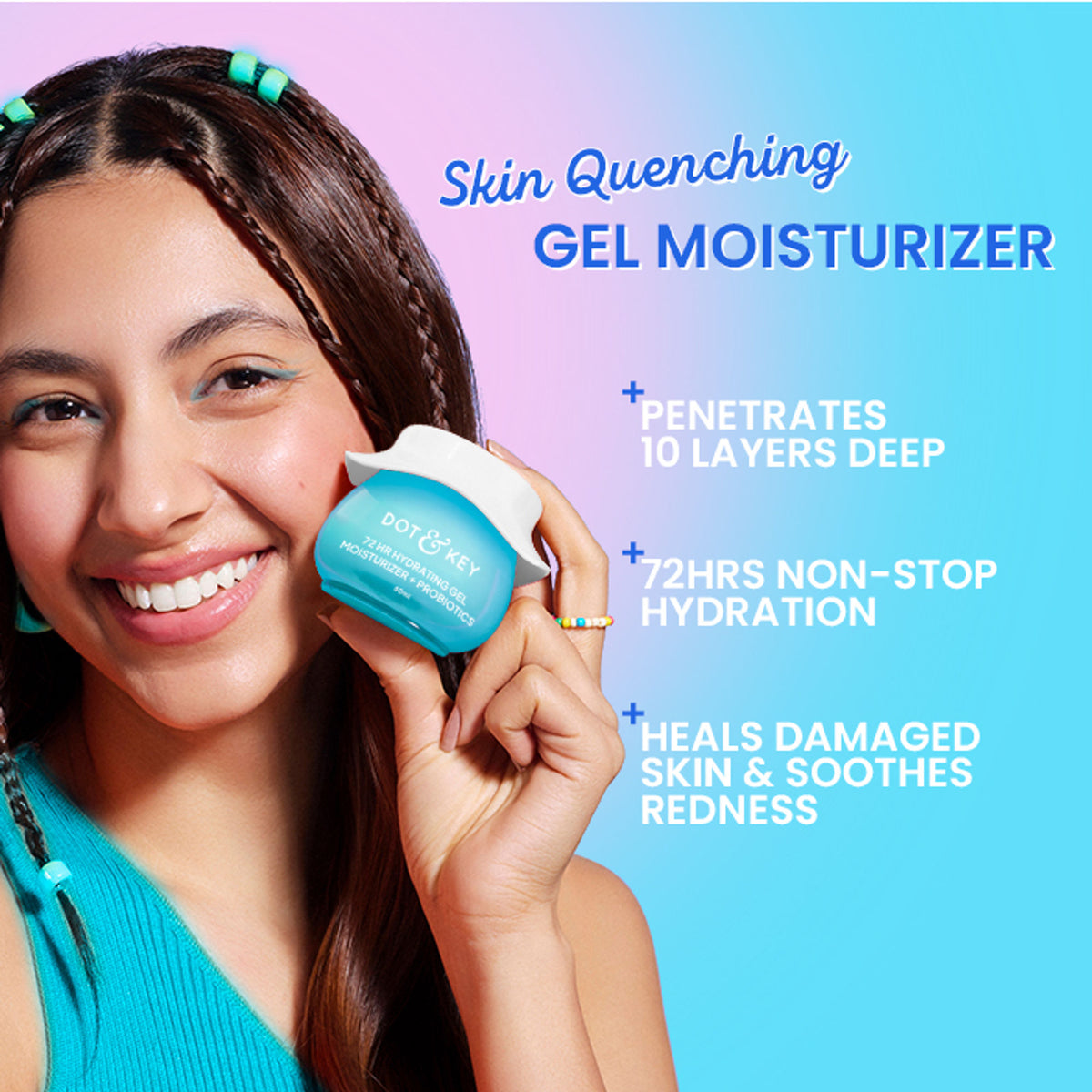 Dot & Key 72HR hydrating lightweight gel face moisturizer with hyaluronic acid and probiotics, shown in a clear jar