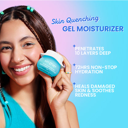 Dot & Key 72HR hydrating lightweight gel face moisturizer with hyaluronic acid and probiotics, shown in a clear jar