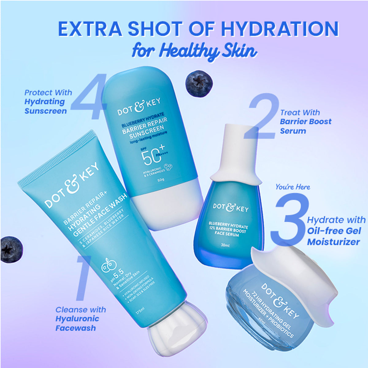 Dot & Key 72Hr hydrating lightweight gel face moisturizer with hyaluronic acid and probiotics, visible in the image.