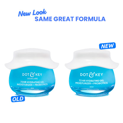 Dot & Key 72Hr Hydrating Gel Face Moisturizer with hyaluronic acid and probiotics, showing the lightweight gel texture in a jar.