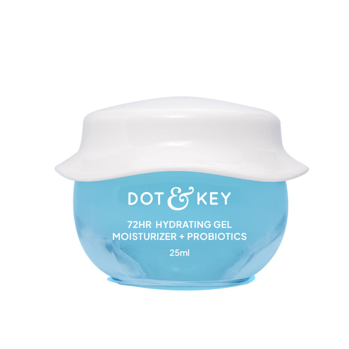 Dot & Key 72Hr hydrating lightweight gel moisturizer with hyaluronic acid and probiotics, shown in a clear jar with fresh ingredients.