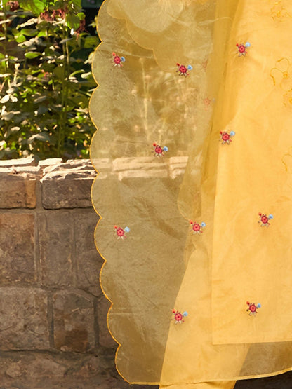 Floral Embroidered Pure Cotton Straight Kurta With Trousers & Dupatta