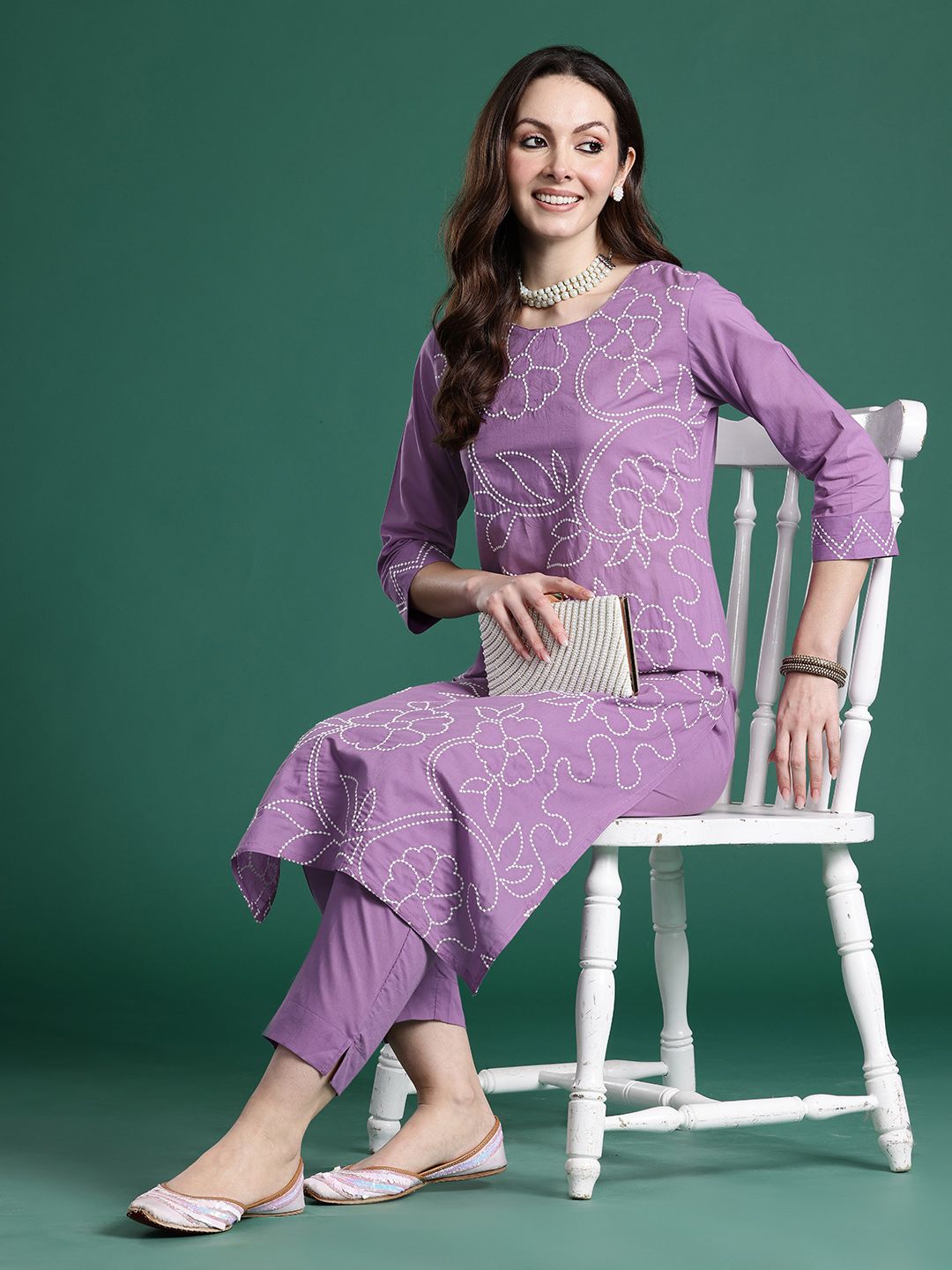 Floral Embroidered Thread Work Pure Cotton Kurta with Trousers