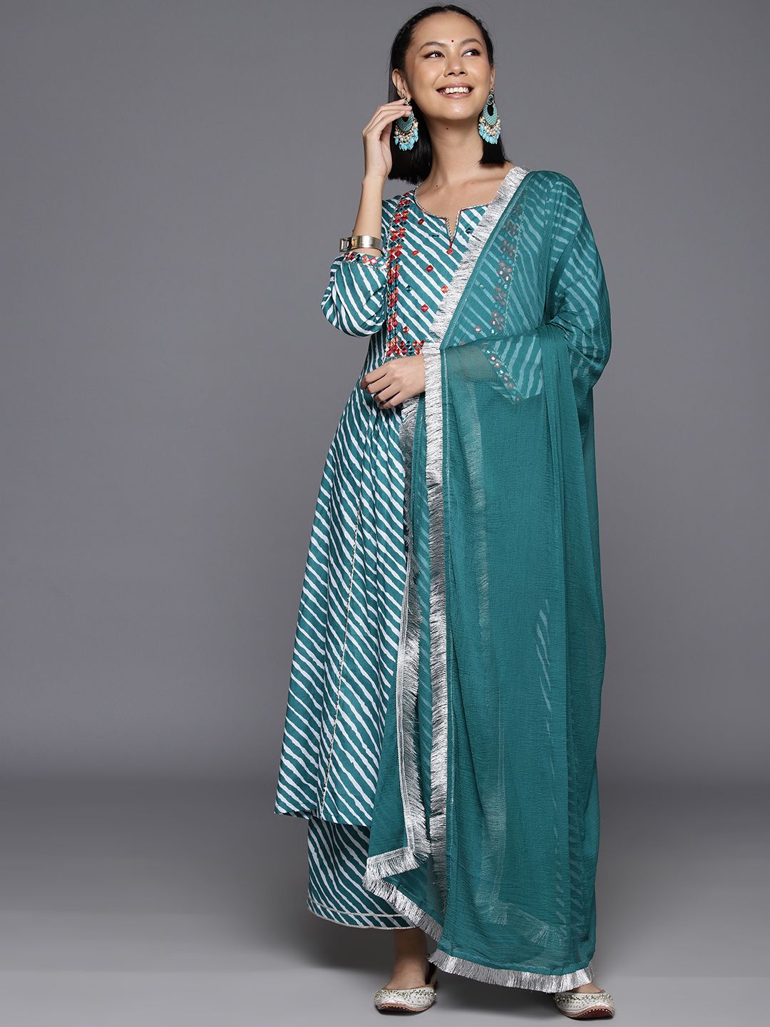 Indyancart VA Women's Leheriya Striped Regular Mirror Work Cotton Kurta With Trousers & Dupatta